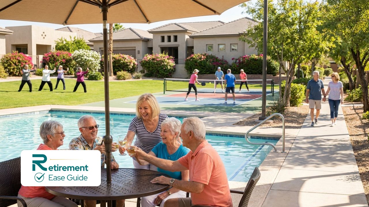Diverse active seniors enjoying social life and amenities in a 55+ retirement community