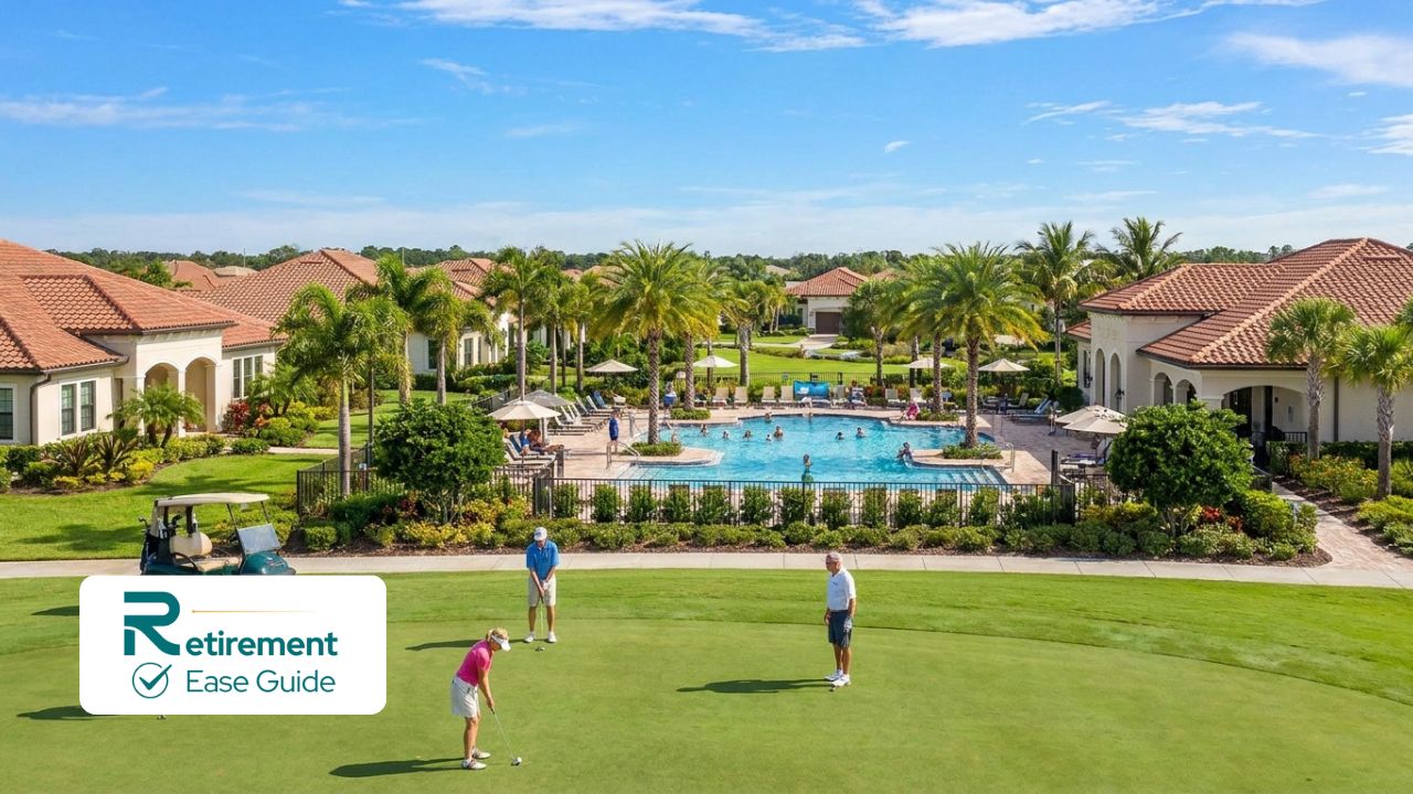 Beautiful 55+ active adult community in Florida with homes, pool, and golf course