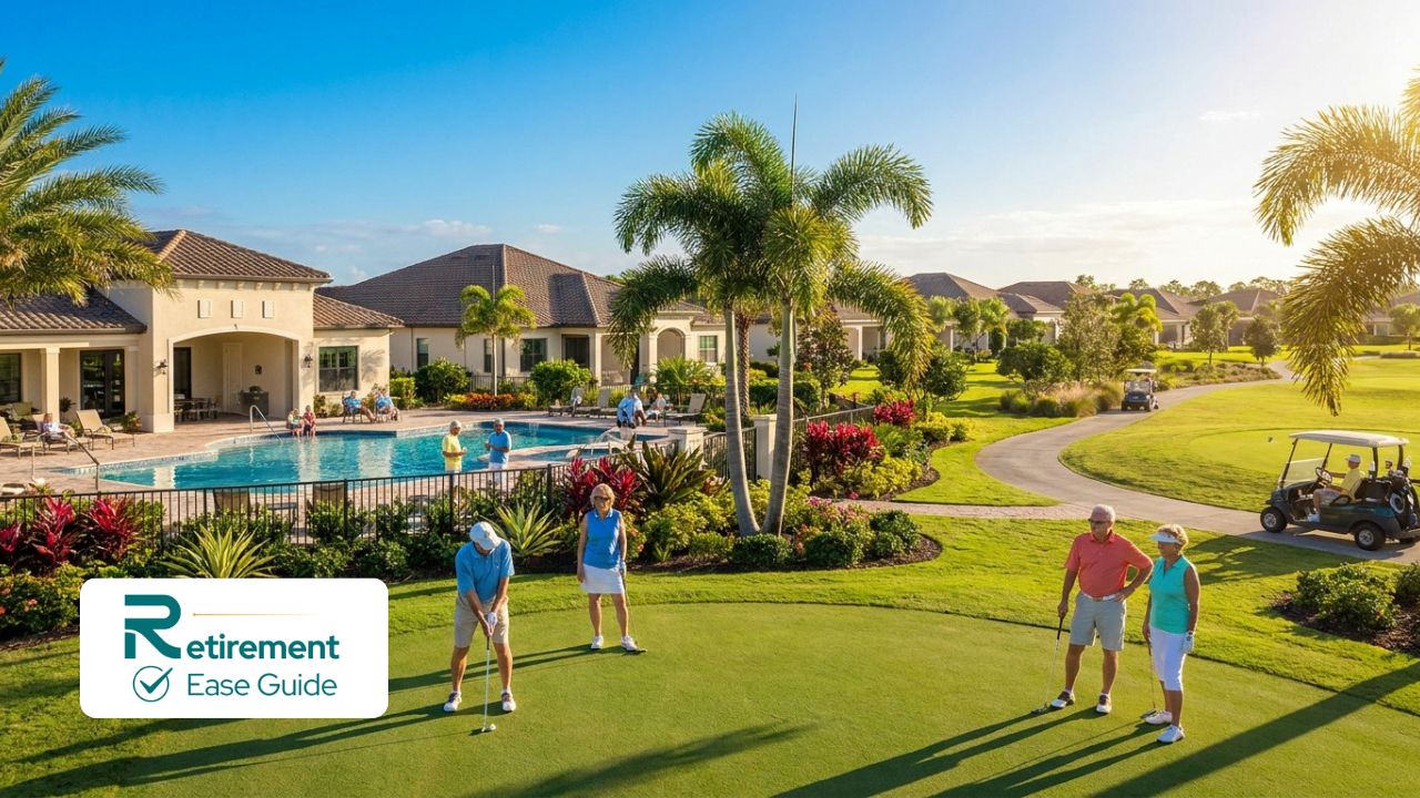 Beautiful Florida 55+ active adult community with homes, pool, and golf course on sunny day