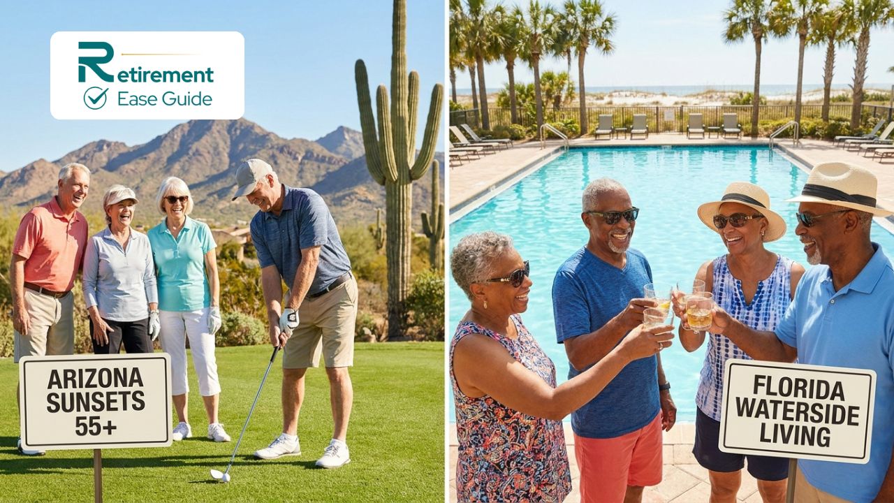Diverse active seniors enjoying golf and social life in 55+ communities in Arizona and Florida