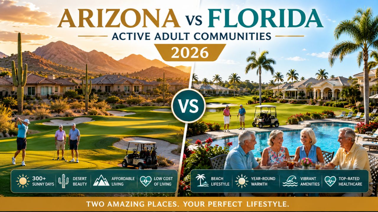 Side-by-side comparison of Arizona desert and Florida coastal active adult retirement communities