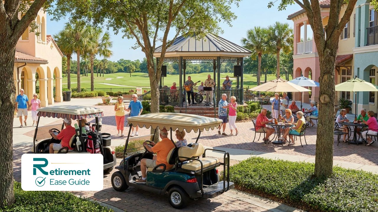 Vibrant town square and golf cart lifestyle in The Villages Florida retirement community