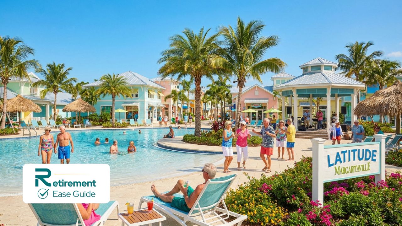 Tropical vibe at Latitude Margaritaville active adult community in Florida with beach pool