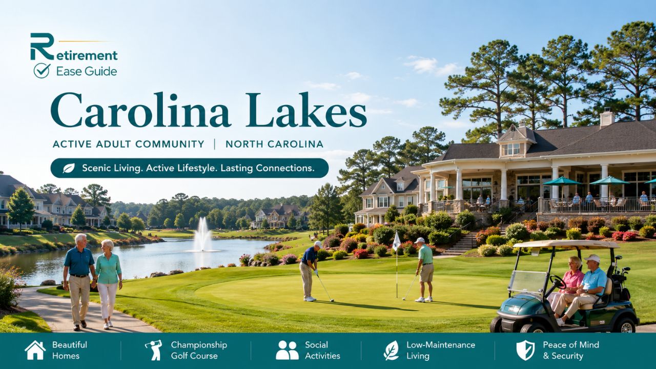 Scenic view of Carolina Lakes or similar 55+ community in North Carolina with golf and lake