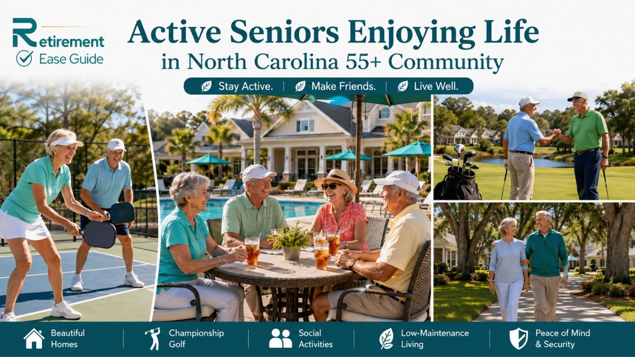 Happy active seniors enjoying pool, golf, and social activities in a North Carolina 55+ community