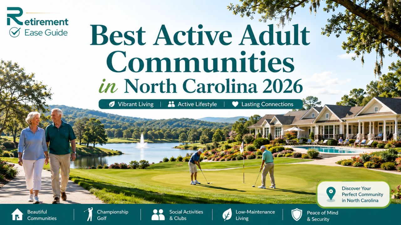 Beautiful 55+ active adult community in North Carolina with golf course, homes, and lake view