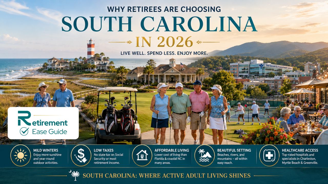 Active retirees enjoying golf, coastal living, and affordable retirement lifestyle in South Carolina