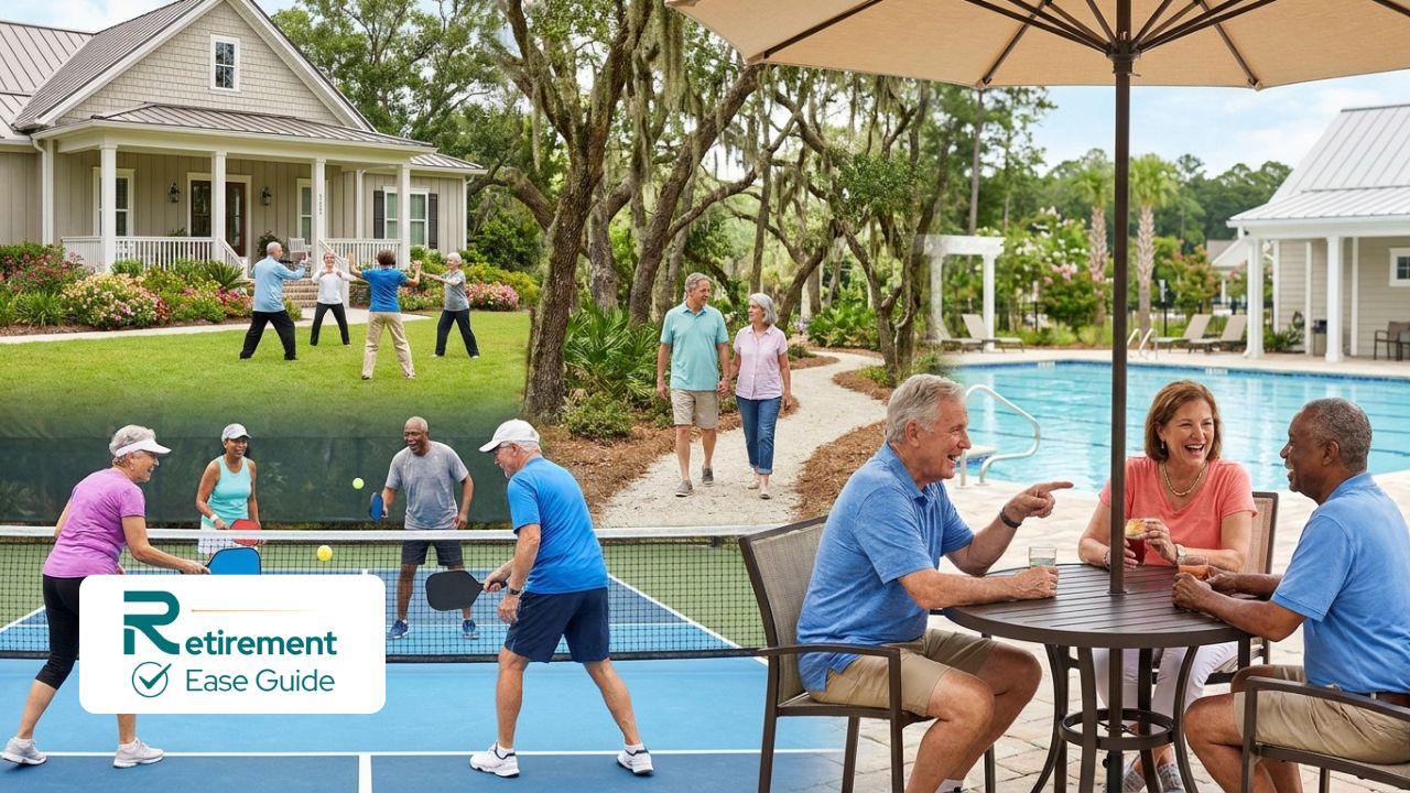 Diverse active seniors enjoying social life and amenities in a South Carolina 55+ retirement community