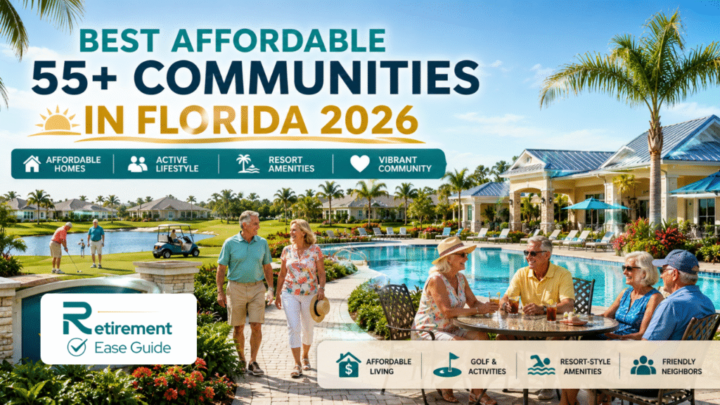 Beautiful affordable 55+ retirement community in Florida with homes, pool, and golf course on a sunny day