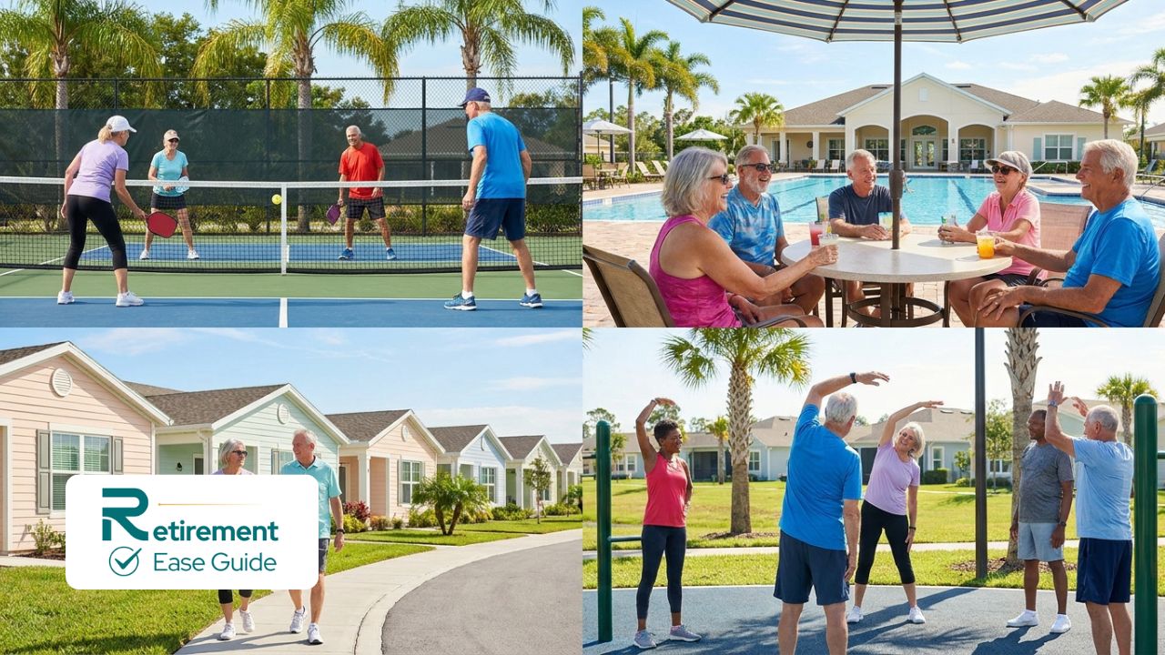 Active seniors enjoying pool and amenities in a budget-friendly 55+ community in Florida