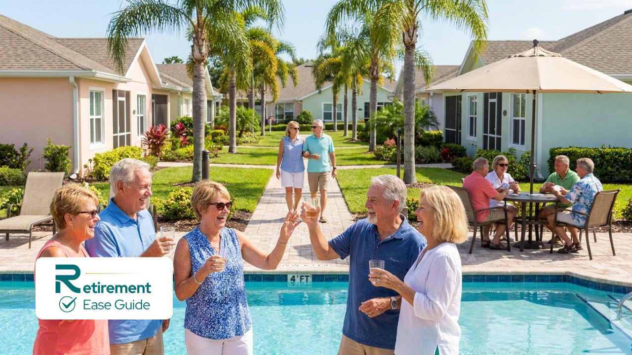 Diverse active seniors enjoying social life in an affordable 55+ retirement community in Florida