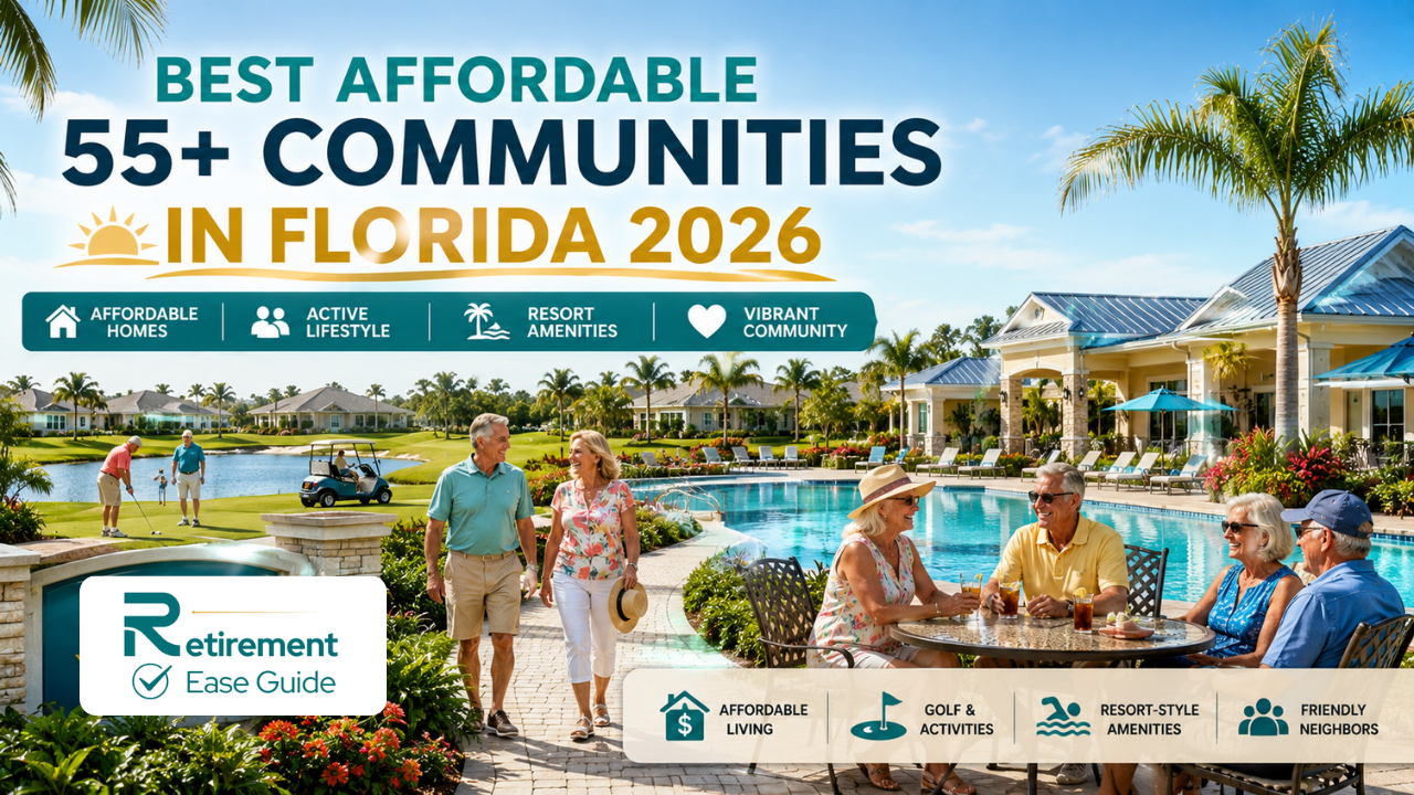 Beautiful affordable 55+ retirement community in Florida with homes, pool, and golf course on a sunny day