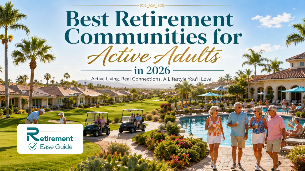 Vibrant 55+ active adult retirement community with golf course, pool, and happy residents in Florida or Arizona