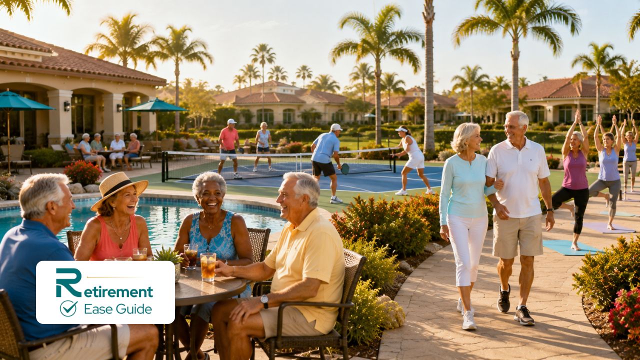 Diverse group of active seniors enjoying social life in a 55+ retirement community
