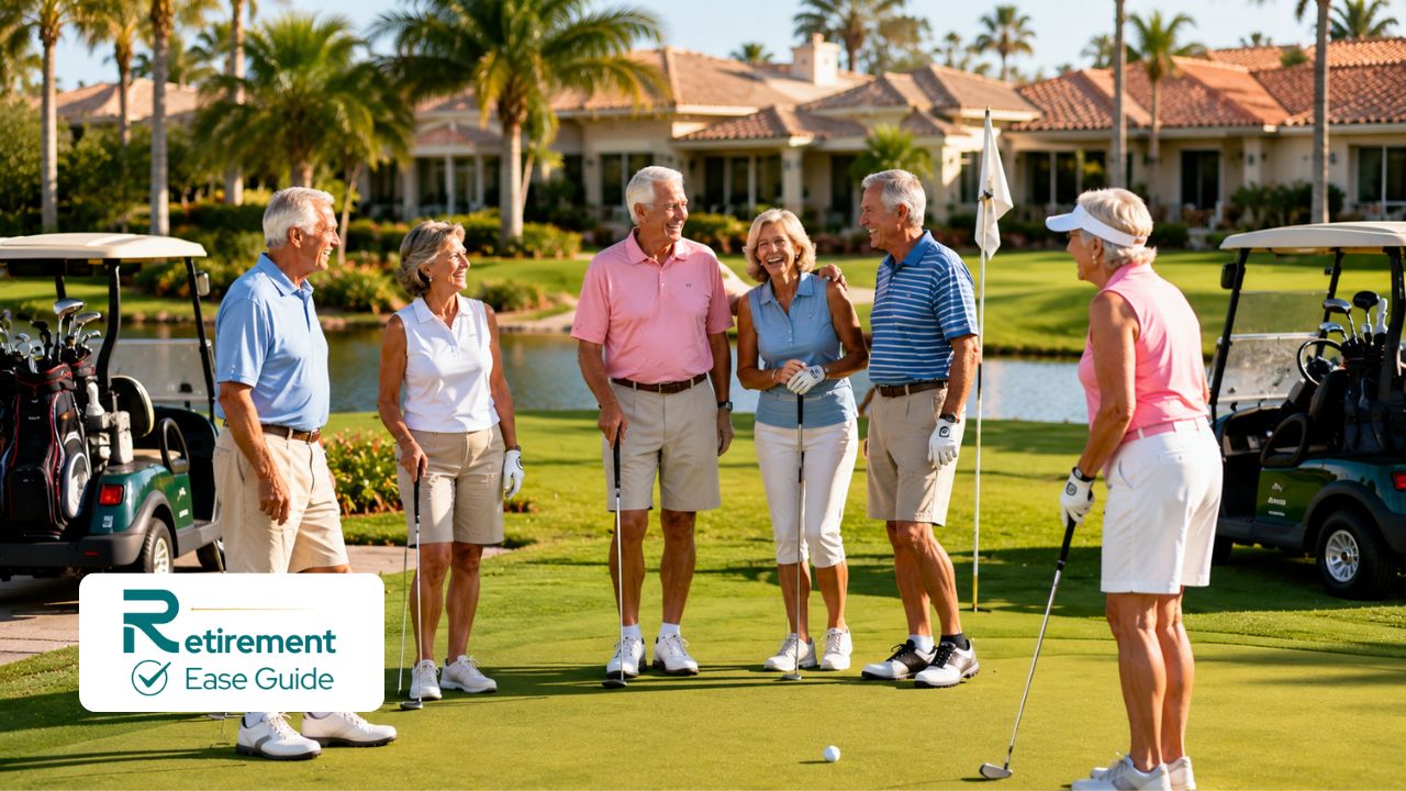 Happy retirees playing golf in a vibrant 55+ retirement community