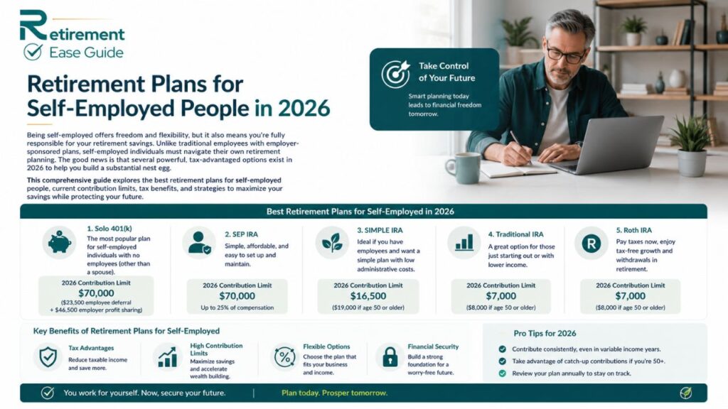 Retirement plans for self-employed people in 2026 including Solo 401(k), SEP IRA, SIMPLE IRA, Traditional IRA, Roth IRA, and retirement contribution limits.