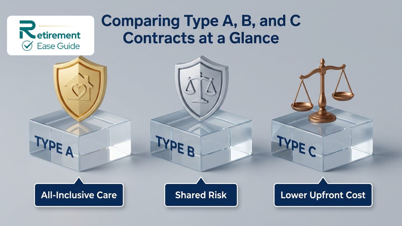 Three distinct 3D icons representing Type A, B, and C CCRC contracts, showing the balance of upfront costs vs. future care.