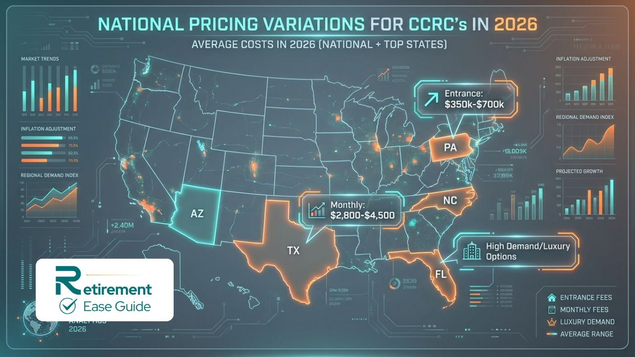 A map of the United States highlighting the average CCRC entrance and monthly fees in Florida, Arizona, Pennsylvania, and Texas.