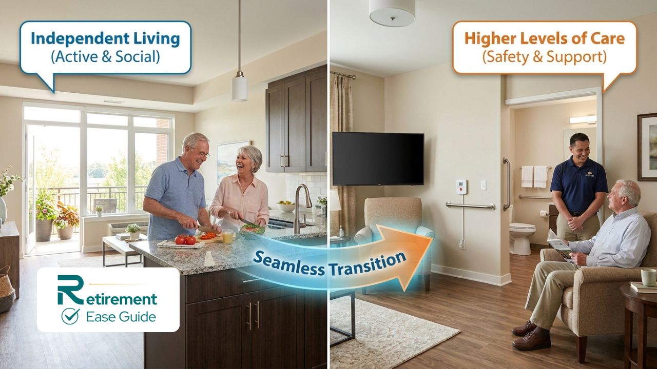 A split-screen visual showing a vibrant independent living apartment on one side and a modern, warm assisted living suite on the other.