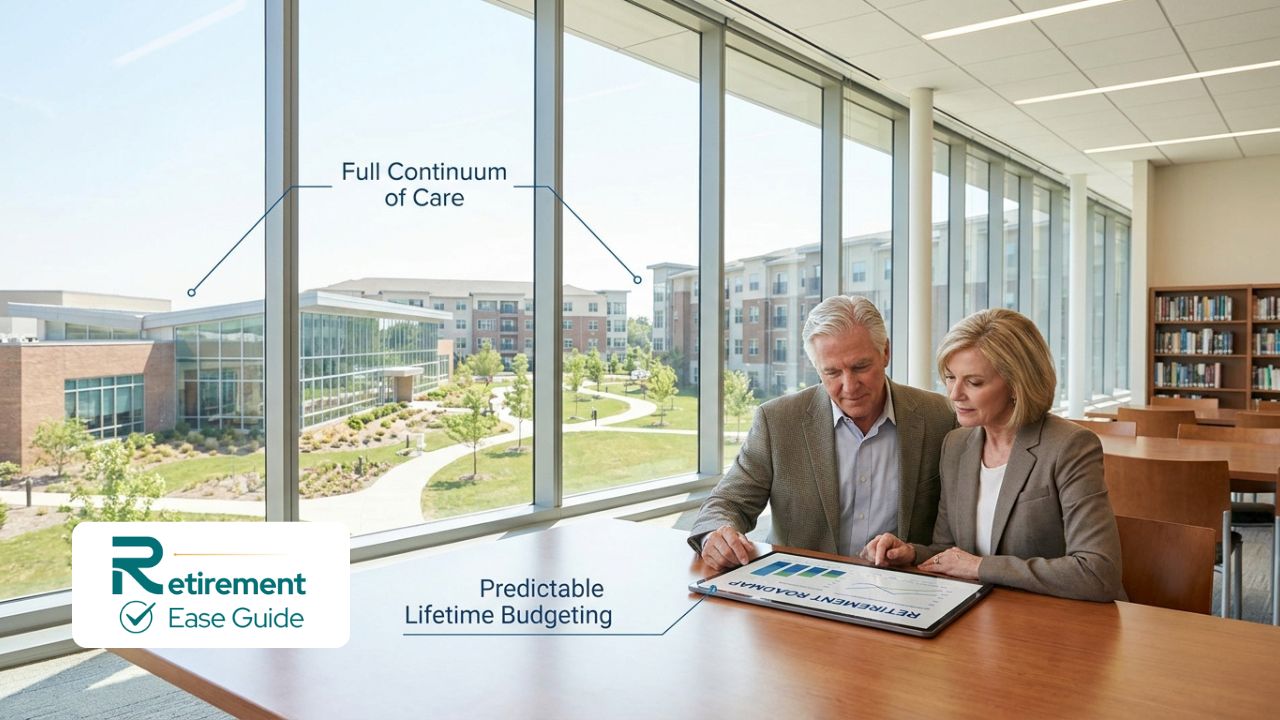 A senior couple reviewing a financial plan with a backdrop of a modern, upscale CCRC campus in 2026.