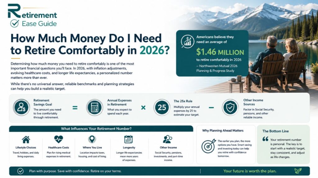How much money is needed to retire comfortably in 2026 infographic covering retirement savings goals, the 25x rule, healthcare costs, inflation, and retirement planning.