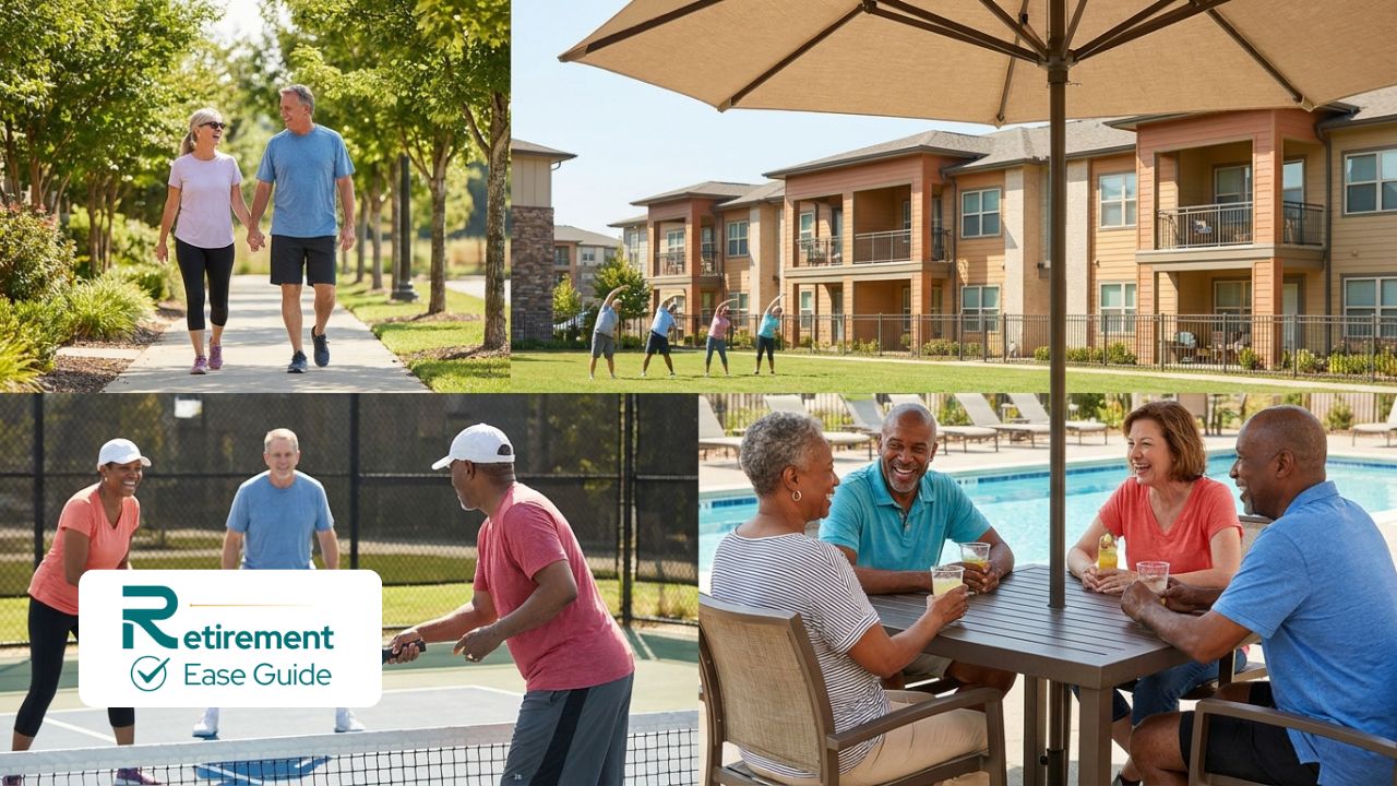 Diverse active seniors enjoying social life and amenities in a budget-friendly 55+ retirement community