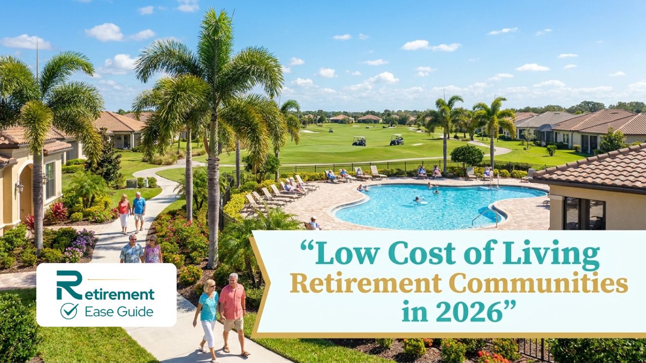 Beautiful affordable 55+ active adult retirement community with homes, pool, and golf course under sunny skies