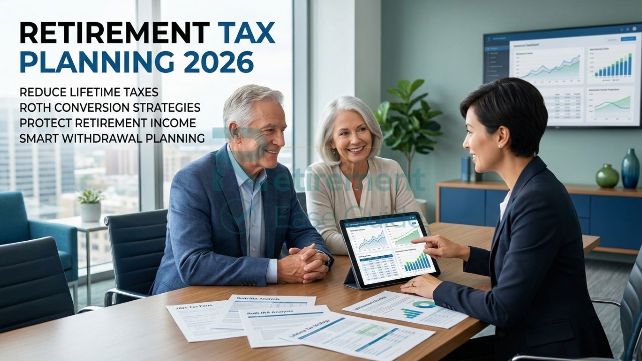 Financial advisor meeting with retired couple discussing retirement tax planning and Roth conversion strategies