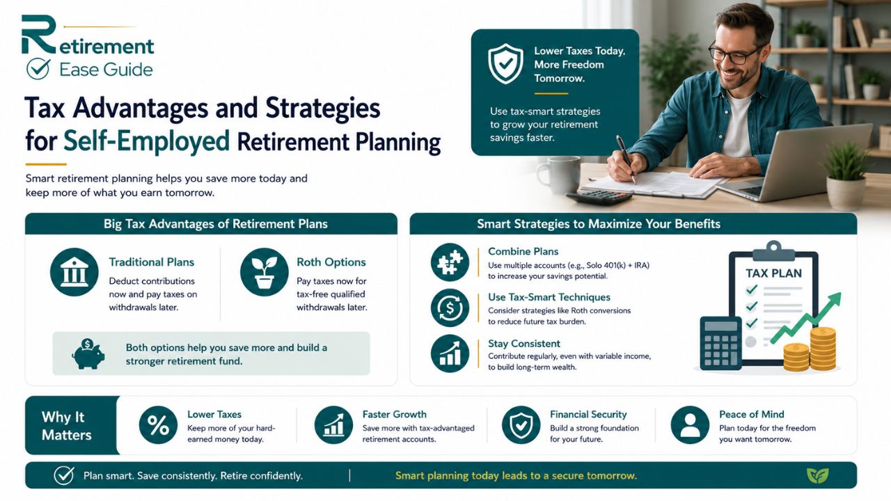 Tax advantages and retirement strategies for self-employed individuals in 2026 including Roth IRA options, tax-smart investing, Solo 401(k), and retirement tax planning.