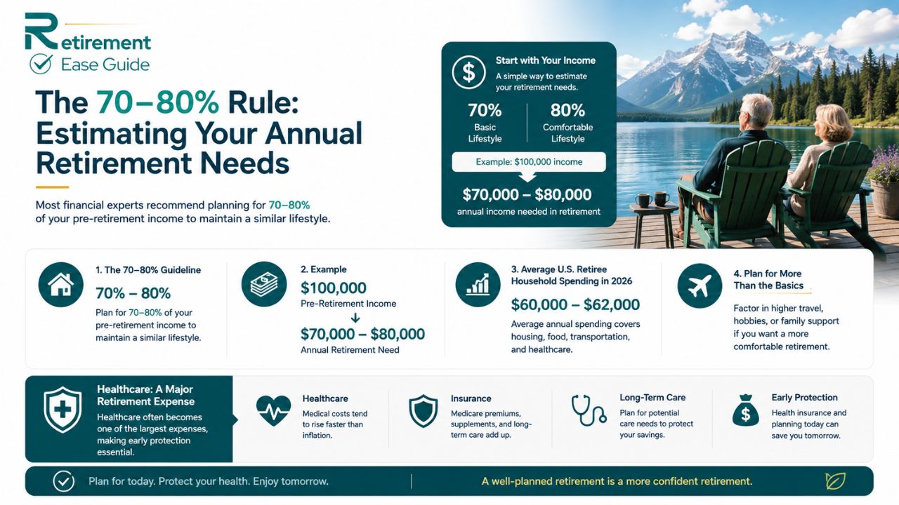 The 70 to 80 percent retirement income rule infographic showing how to estimate annual retirement needs, healthcare costs, and retirement lifestyle planning in 2026.