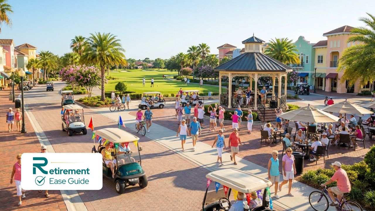 Vibrant town square and golf cart lifestyle in The Villages Florida retirement community