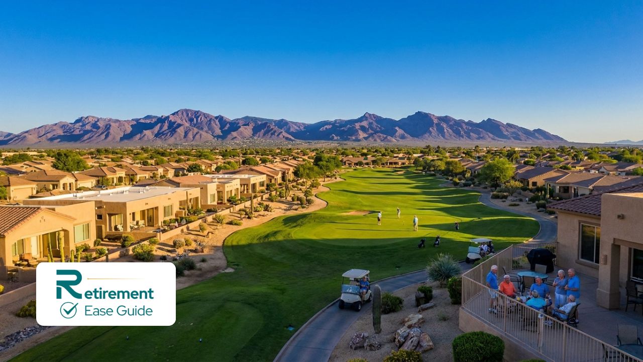 Classic Sun City Arizona retirement community with golf course and mountain views