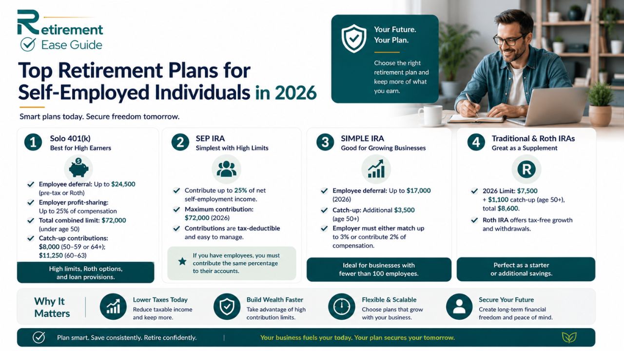 Top retirement plans for self-employed individuals in 2026 including Solo 401(k), SEP IRA, SIMPLE IRA, and Roth IRA contribution limits and tax benefits.