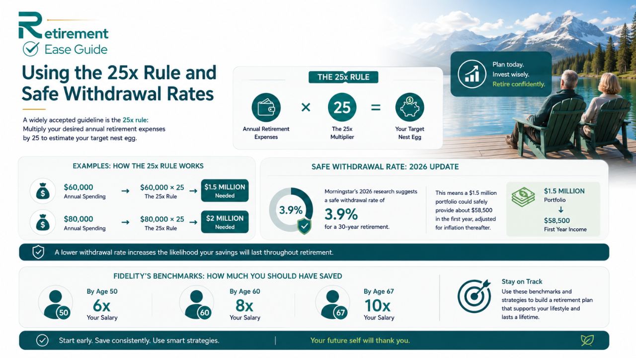 Using the 25x rule and safe withdrawal rates for retirement planning in 2026 with examples of retirement savings targets and 3.9 percent withdrawal strategy.