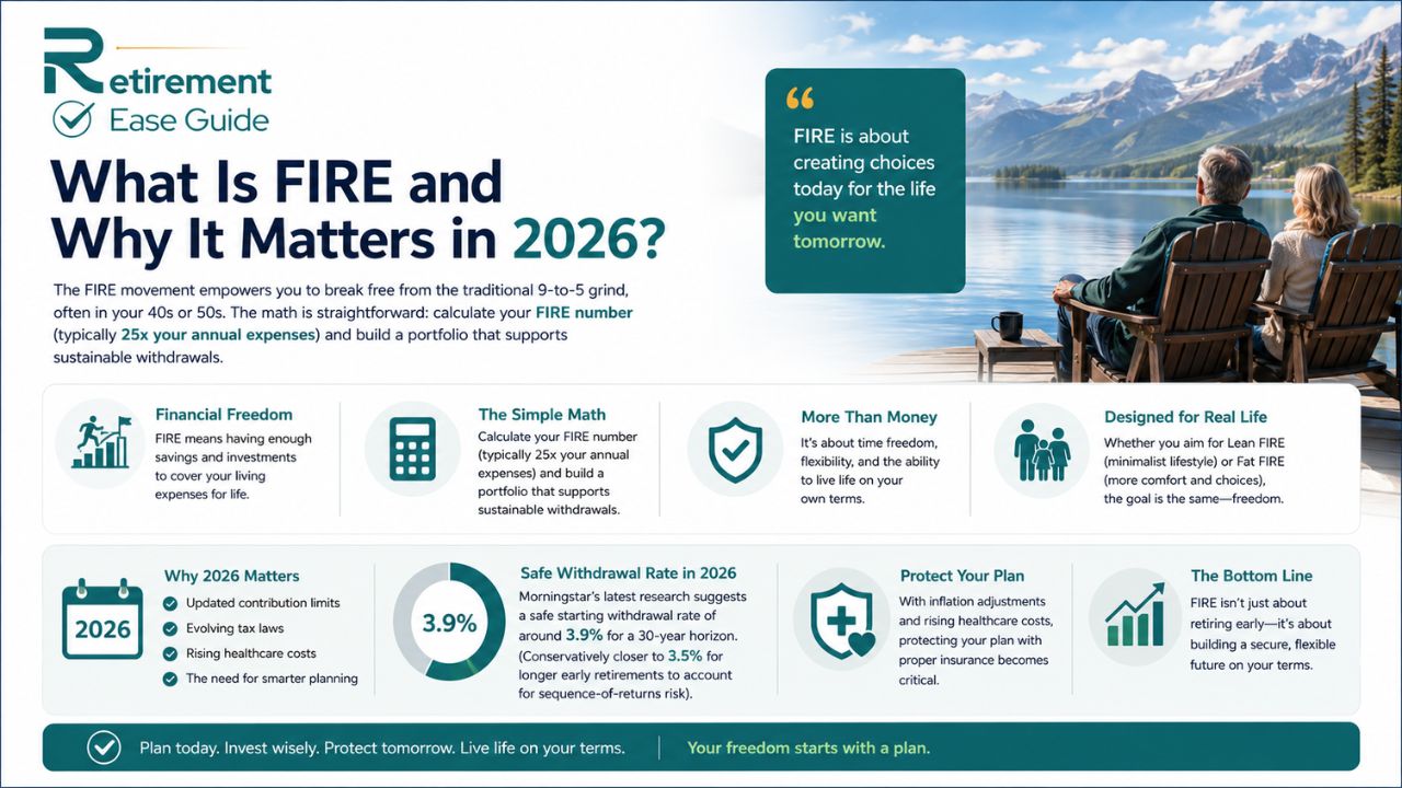 What is FIRE in 2026 infographic explaining financial independence and retire early strategies, FIRE number calculation, safe withdrawal rates, and retirement planning.