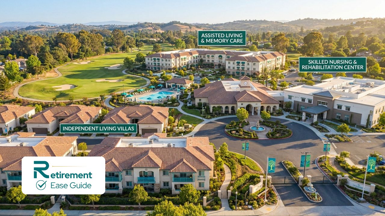 Aerial view of a full-service Life Plan Community campus with multiple care levels