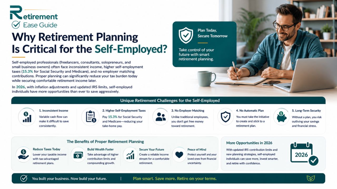 Why retirement planning is important for self-employed professionals in 2026 including tax challenges, inconsistent income, retirement savings, and financial security planning.